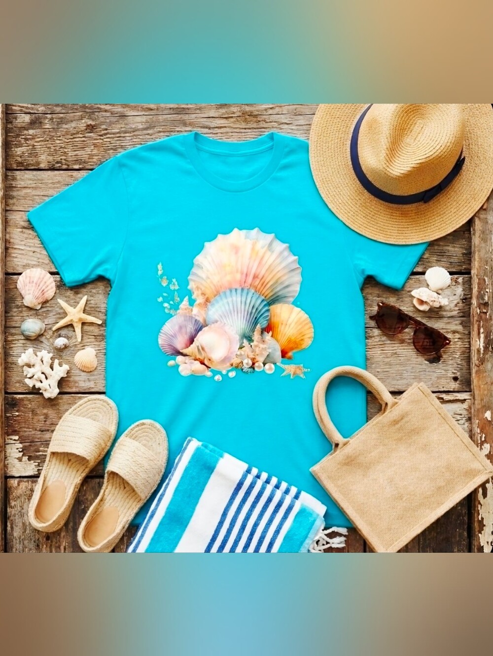 Beach Seashell Graphic Tee • Coastal Summer Turquoise Shirt